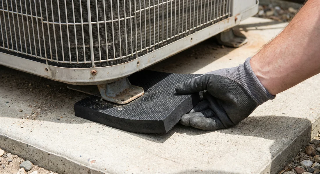 Installation de plots anti-vibratoires sous une unité de climatisation Daikin.
