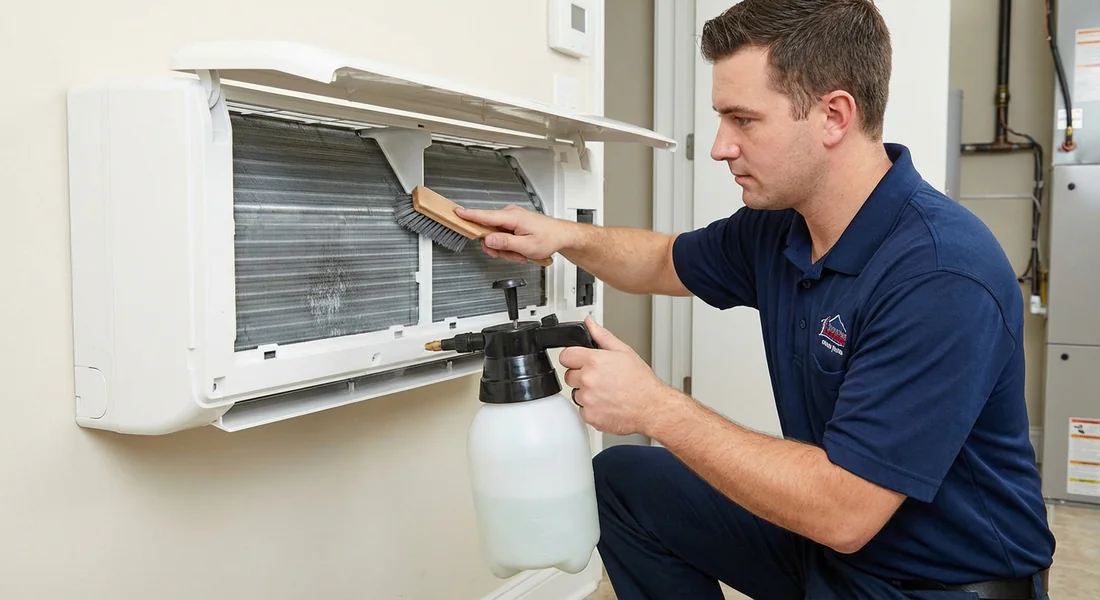 Technicien effectuant l'entretien annuel d'une climatisation Daikin pour éviter les bruits.