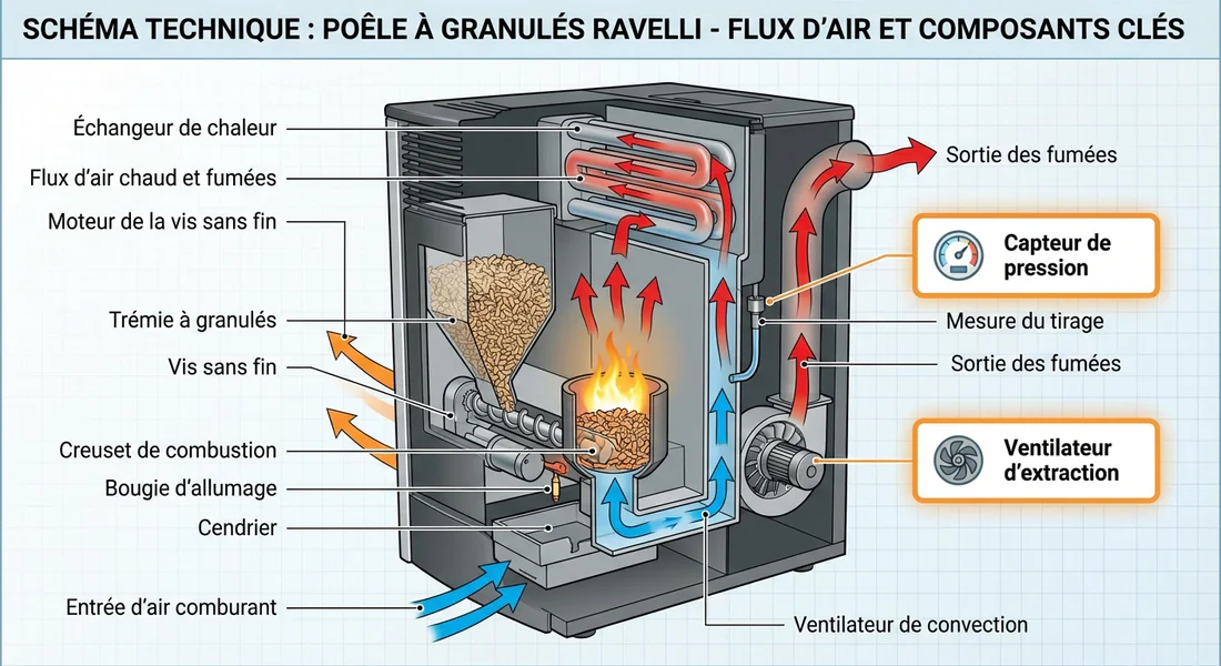 Schéma des capteurs de pression et de flux d'air d'un poêle à granulés