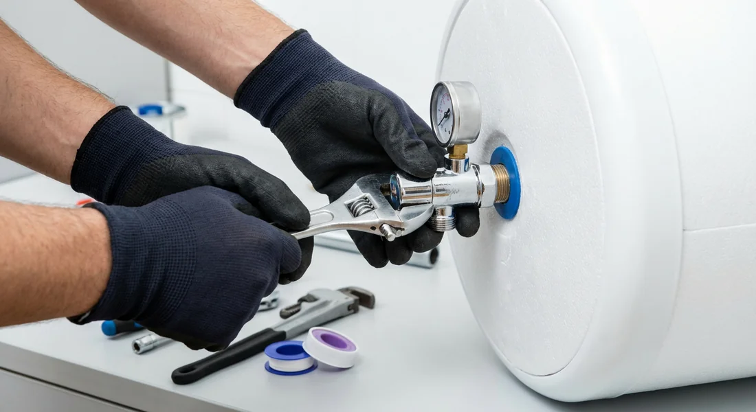 Installation d'un nouveau groupe de sécurité par un plombier professionnel.