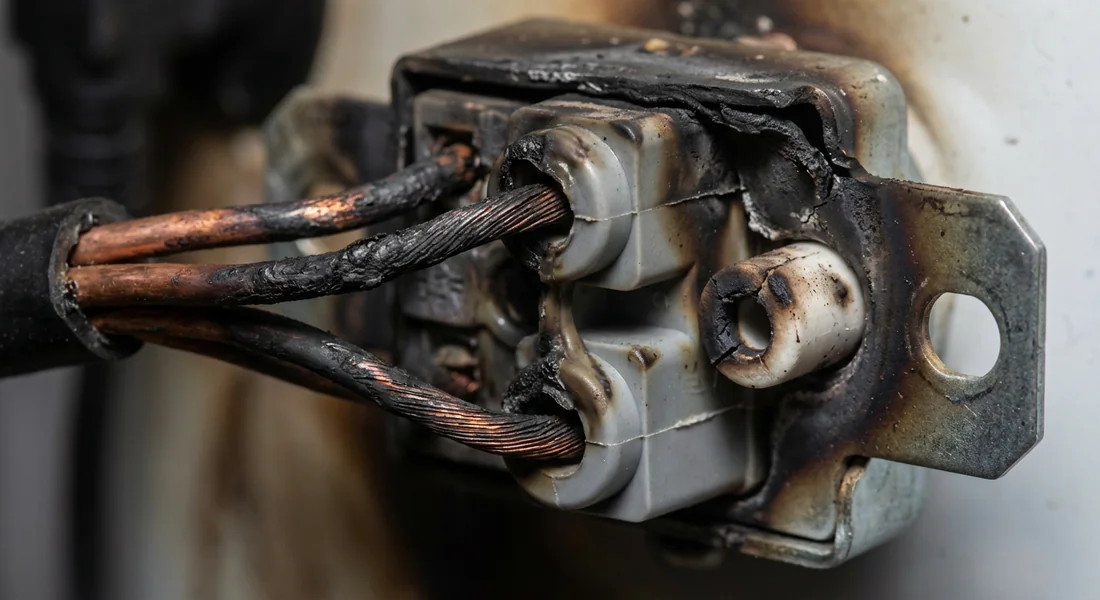 Thermostat de chauffe-eau avec fils électriques brûlés et signes de surchauffe.