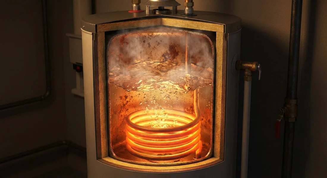 Vue en coupe d'un chauffe-eau montrant la pression interne et la vapeur.