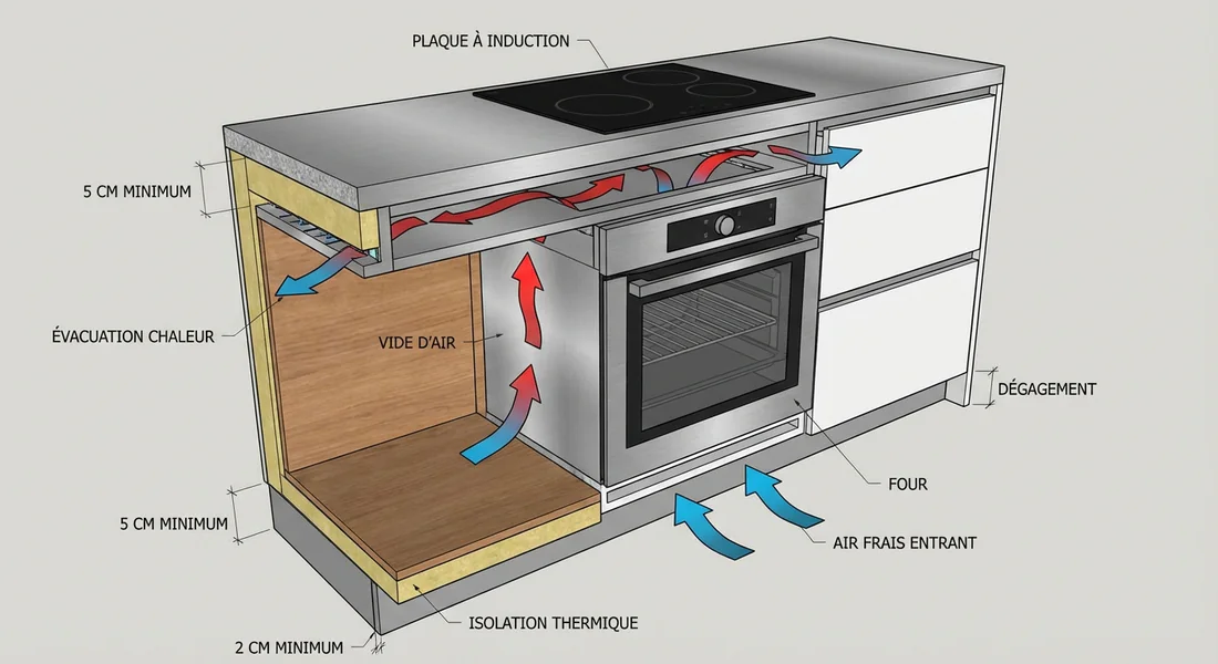 Schéma technique des distances de sécurité entre la plaque et le four