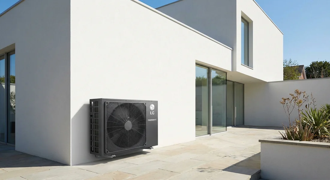 Unité extérieure de pompe à chaleur LG Therma V installée devant une maison moderne.