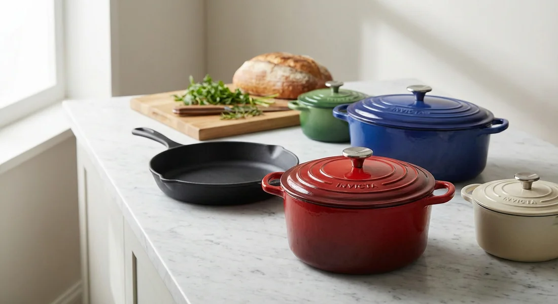 Gamme de cocottes en fonte colorées Invicta pour la cuisine.