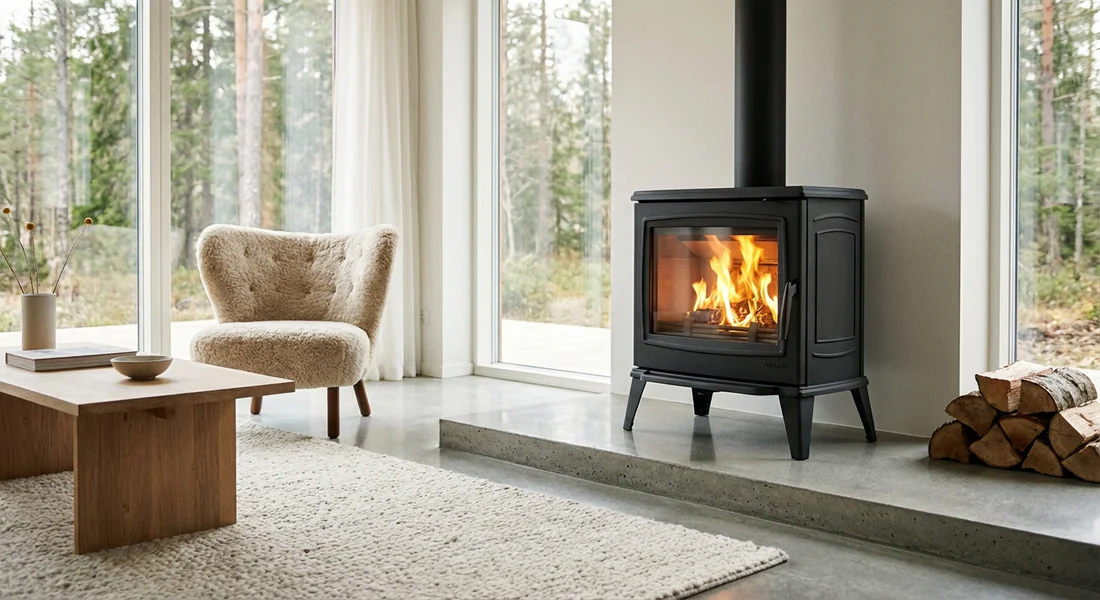 Poêle à bois Invicta moderne installé dans un salon contemporain.