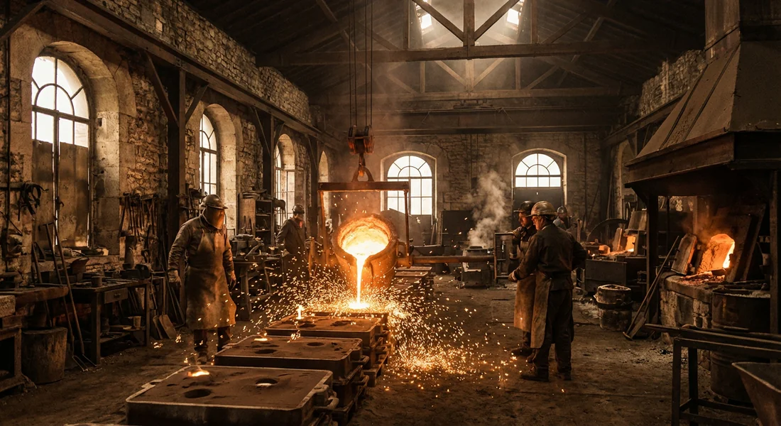 Vue d'une fonderie traditionnelle française montrant le savoir-faire Invicta.