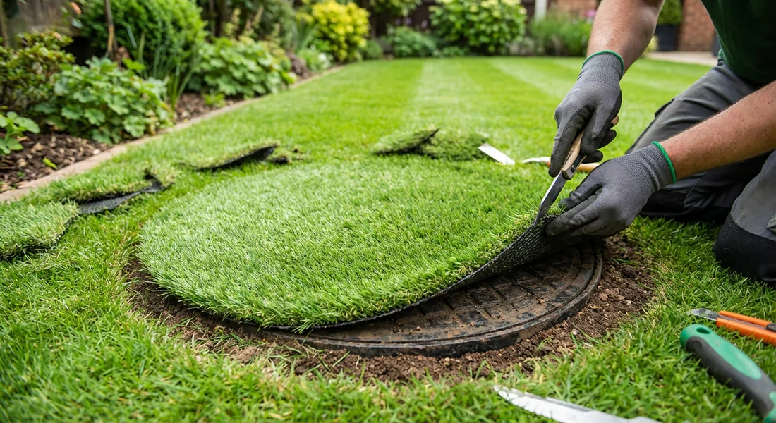 Cacher une plaque d'égout avec une découpe de gazon synthétique.
