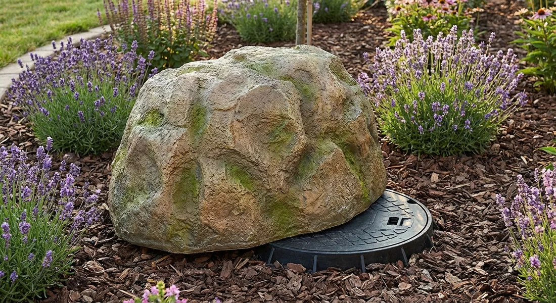 Faux rocher de jardin décoratif pour masquer un accès technique.