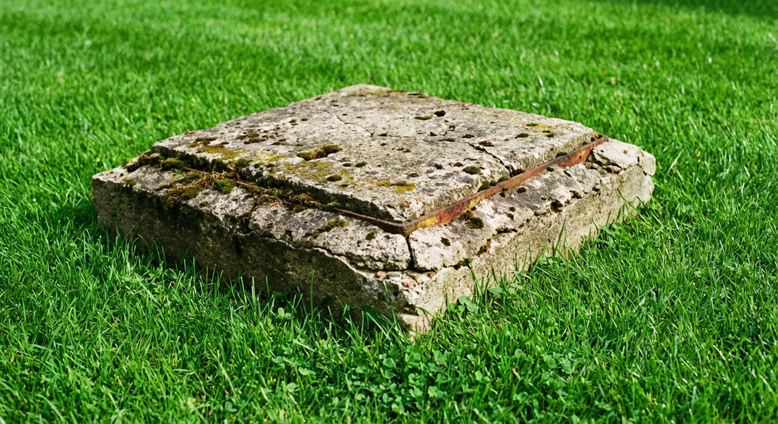 Regard en béton inesthétique au milieu d'une pelouse verte.