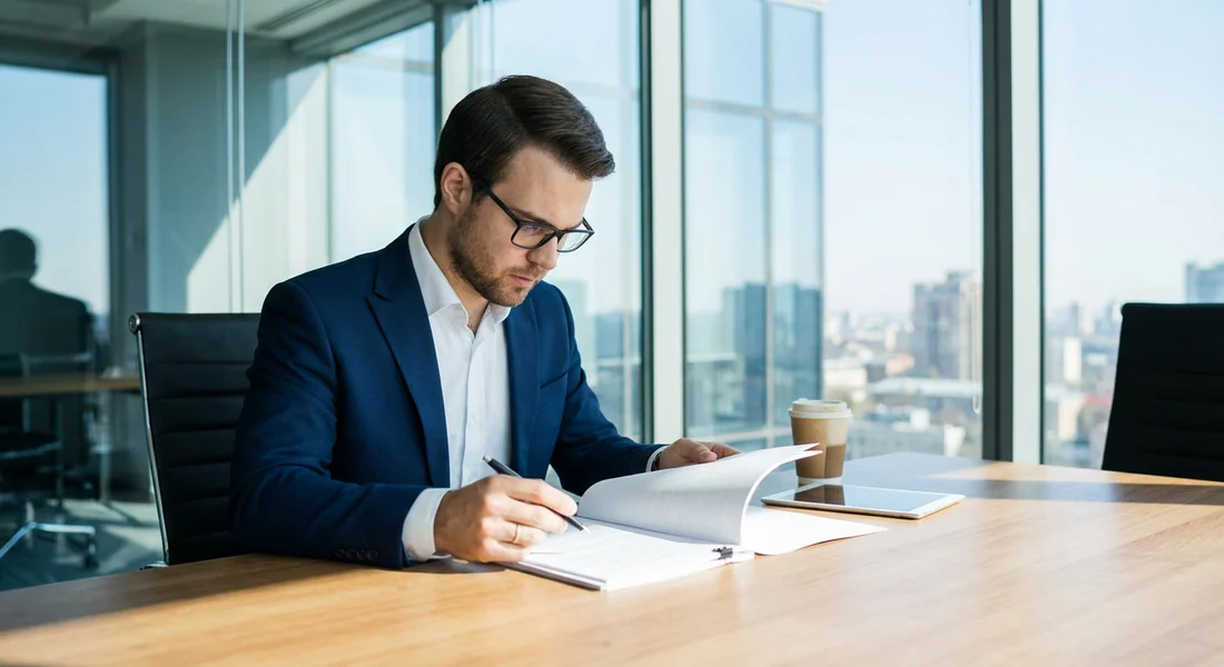 Consultant en sécurité analysant des documents de conformité.