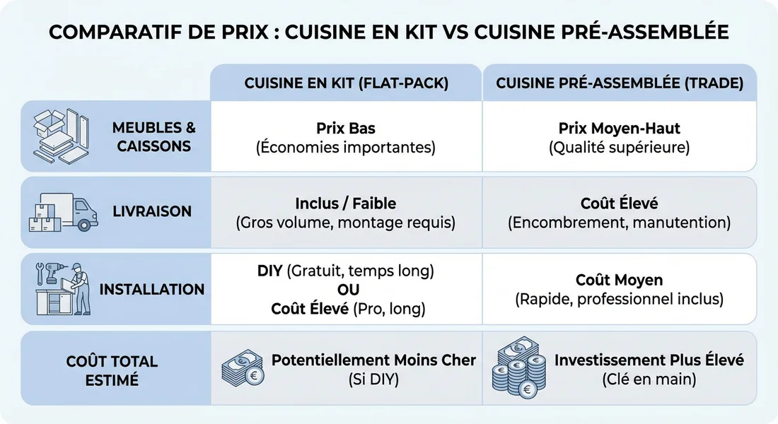 Infographie comparative des prix entre cuisine en kit et cuisine montée d'usine.
