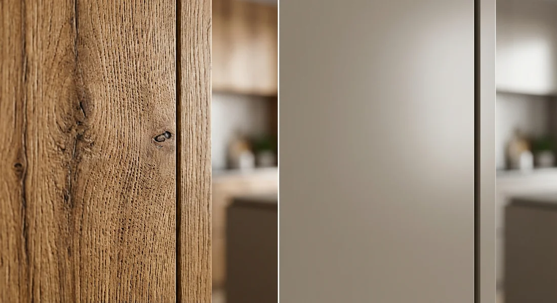 Comparaison des finitions : bois naturel contre laque mate moderne.