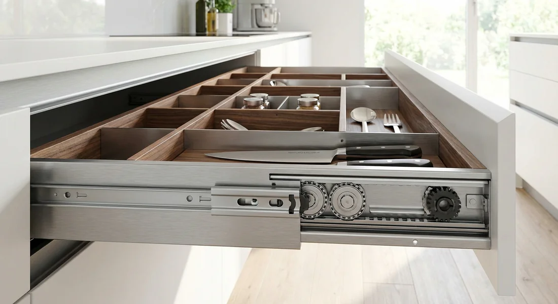 Détails des tiroirs et mécanismes de rangement haut de gamme.