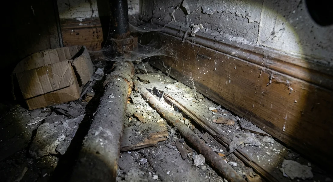 Coin sombre et poussiéreux derrière une plinthe, lieu typique d'une souris morte.