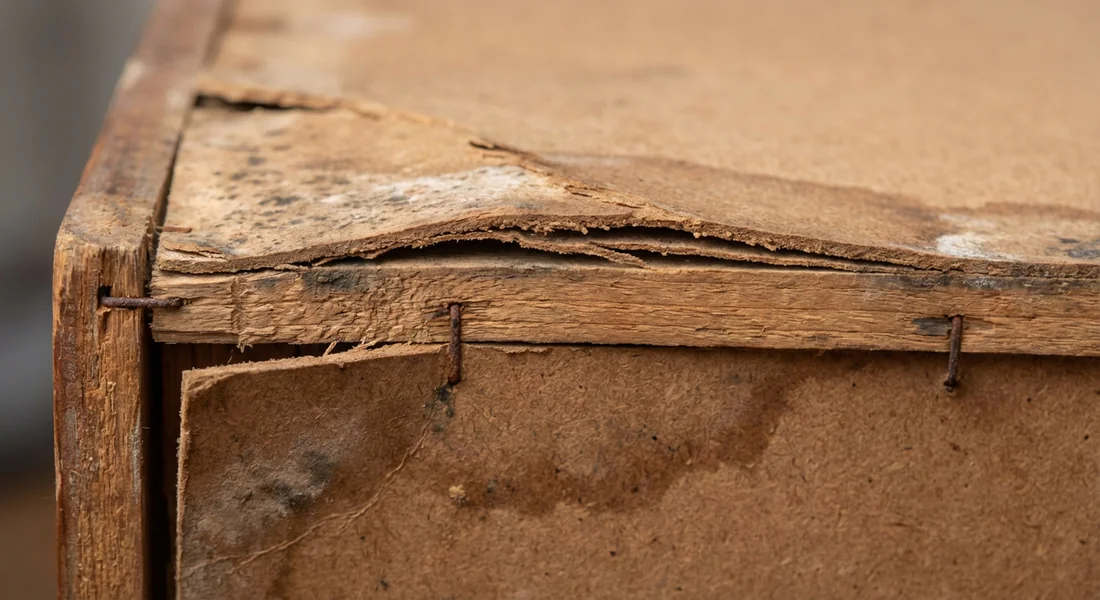 Gros plan d'un fond d'armoire en MDF qui se détache et gondole.