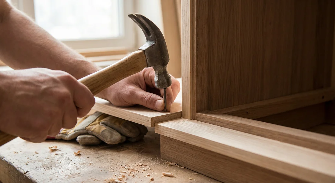 Pose de clous pour fixer solidement le fond d'une armoire PAX.
