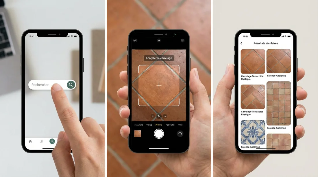 Infographie montrant les trois étapes de recherche visuelle sur mobile pour identifier un carrelage.