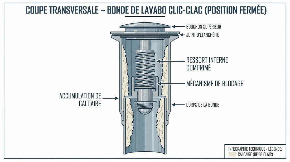 Schéma en coupe d'une bonde clic-clac bloquée par le calcaire