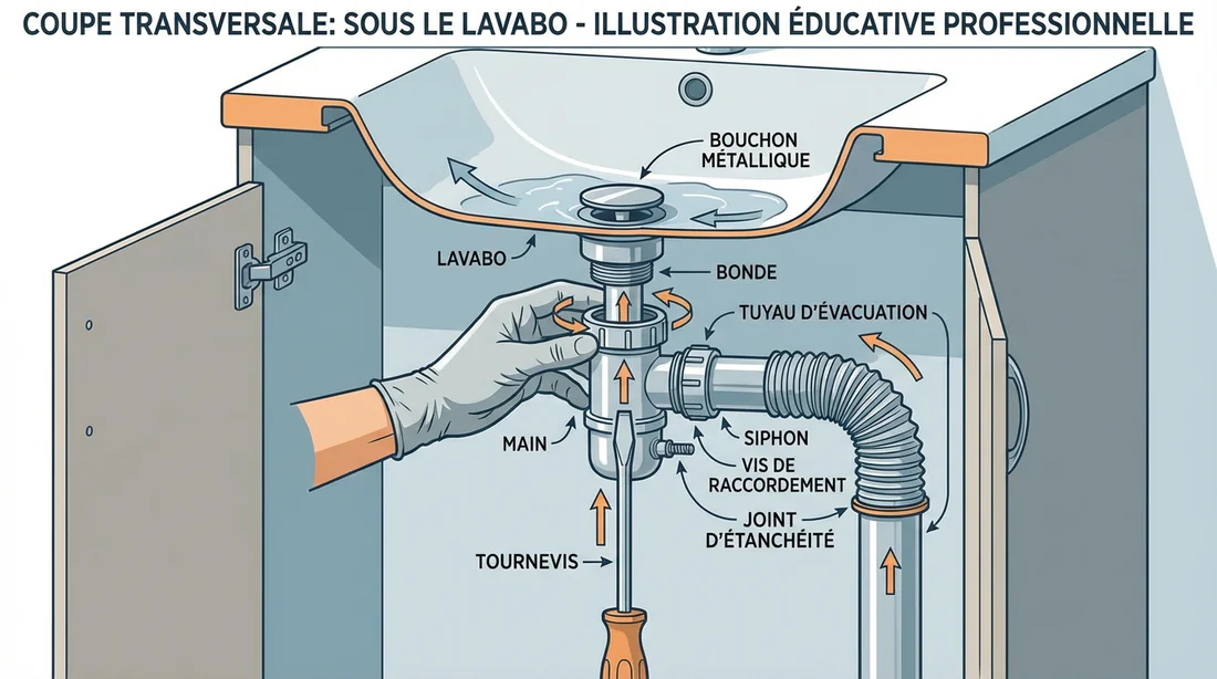 Schéma technique montrant comment pousser le bouchon par le siphon