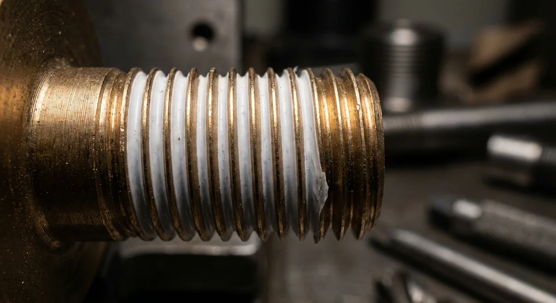 Détail d'un filetage en laiton recouvert de ruban Téflon de manière uniforme.