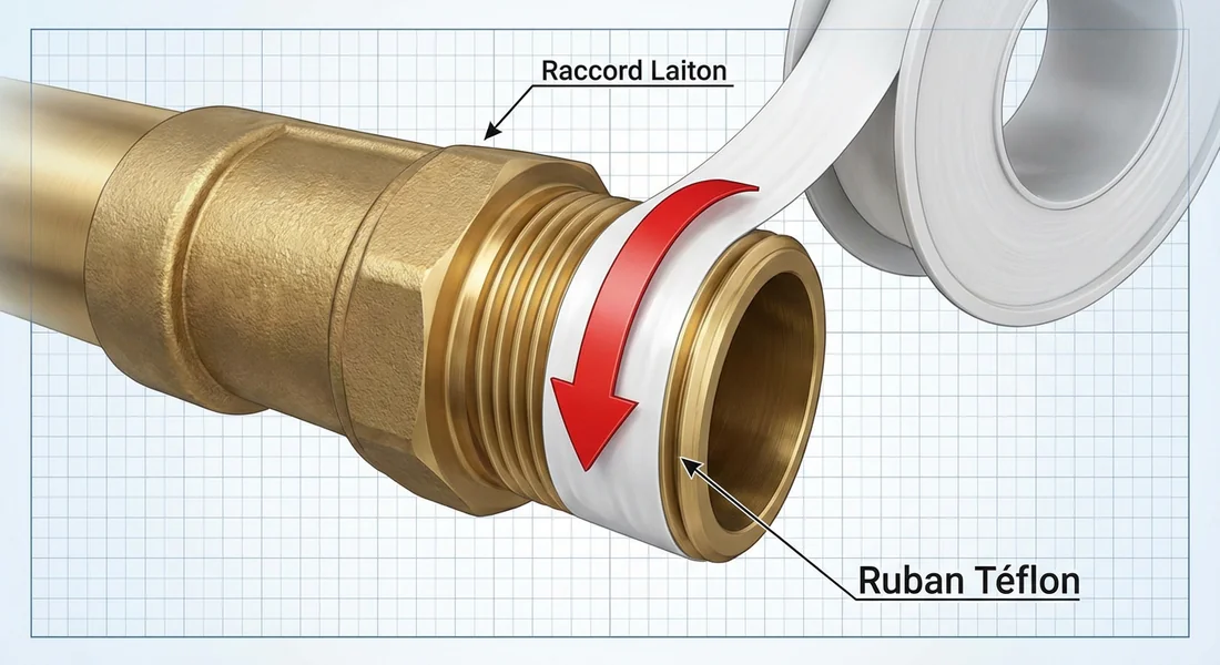 Schéma explicatif montrant le sens d'enroulement du Téflon sur le raccord.