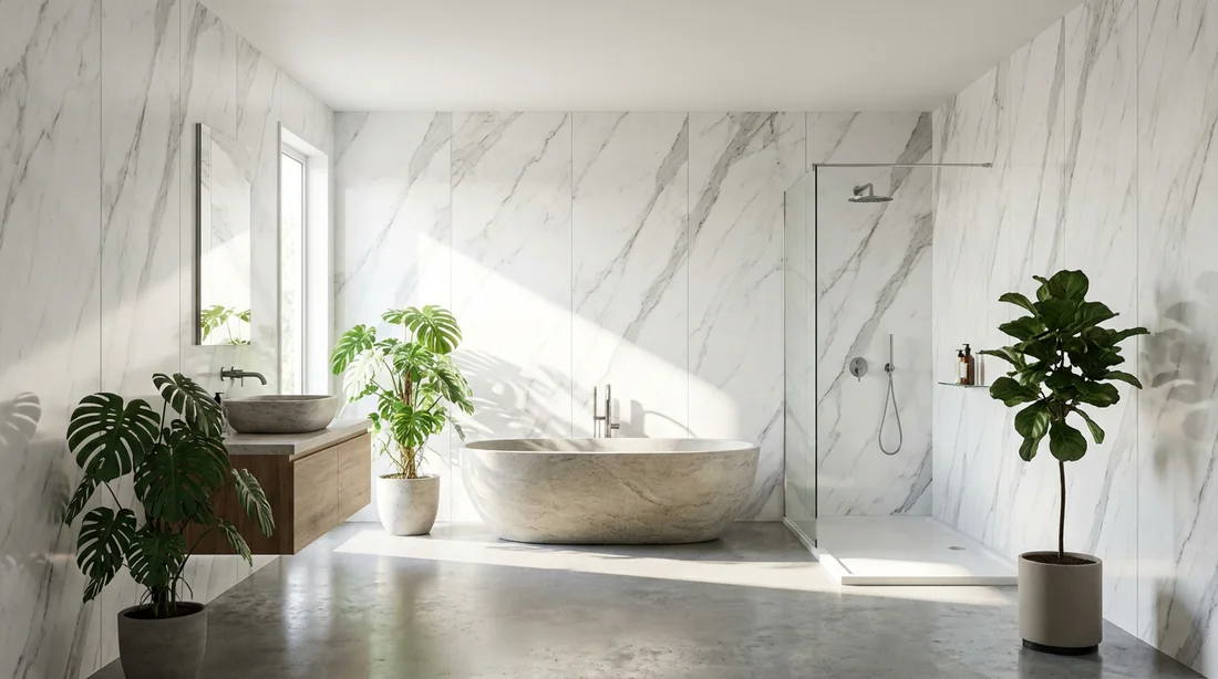 Design intérieur de salle de bain avec dalles PVC effet marbre.