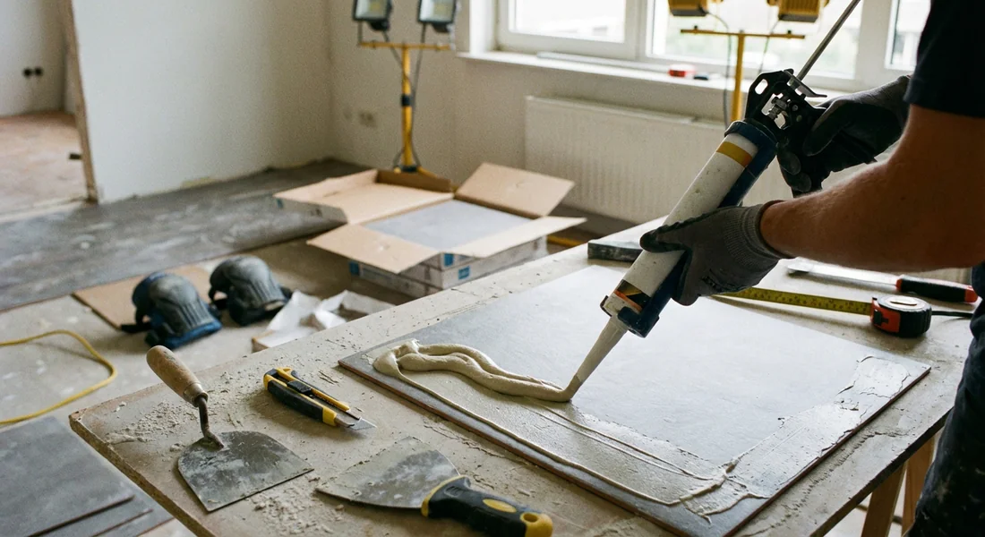 Pose de dalles PVC avec application de colle sur le revers.