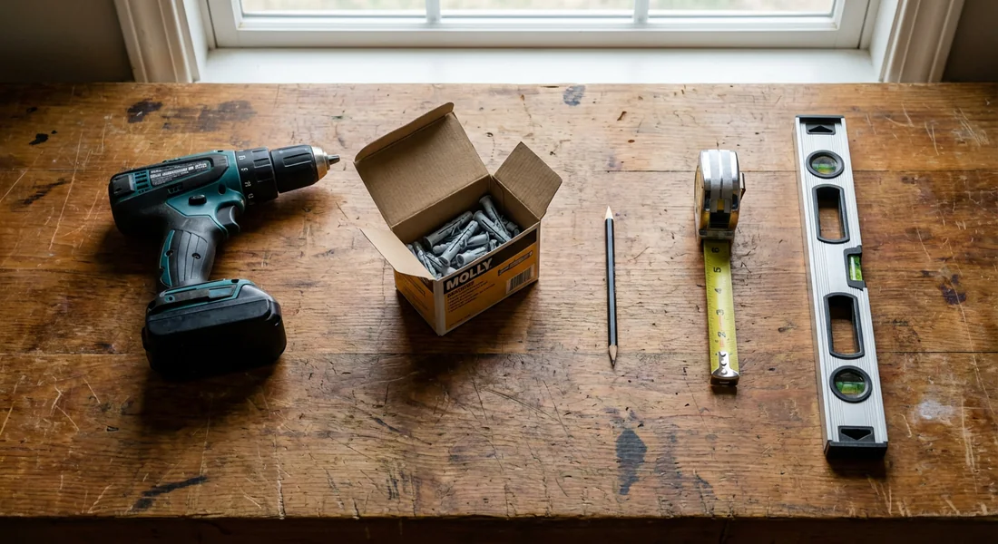 Liste du matériel nécessaire : perceuse, chevilles Molly, niveau et tasseau en bois.