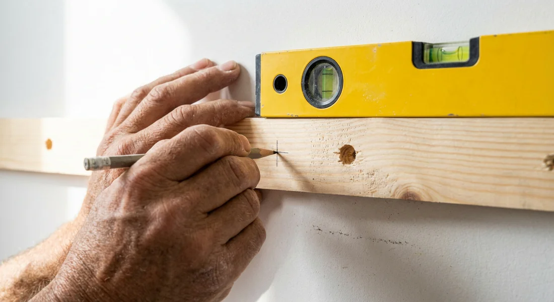 Marquage des points de perçage sur le mur en placo avec un crayon.