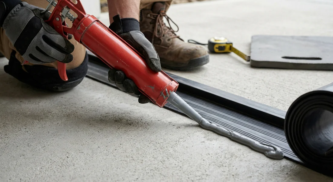 Application de colle mastic pour poser un seuil de garage en caoutchouc.