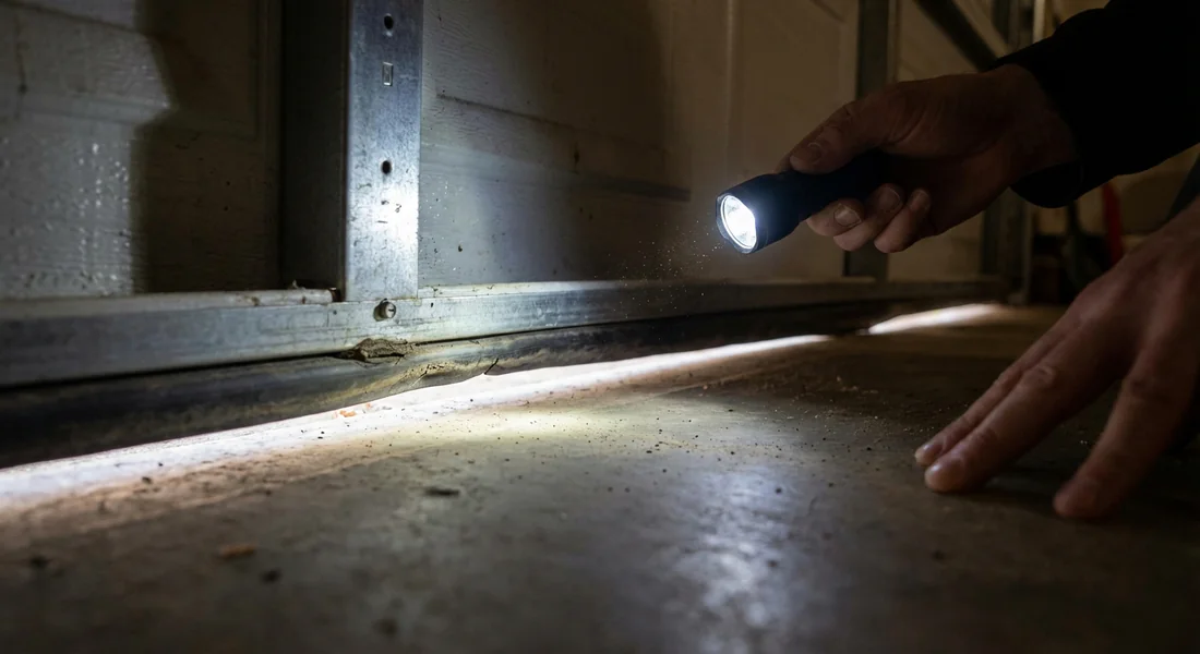 Inspection d'un joint de porte de garage pour détecter les fuites d'air et de lumière.