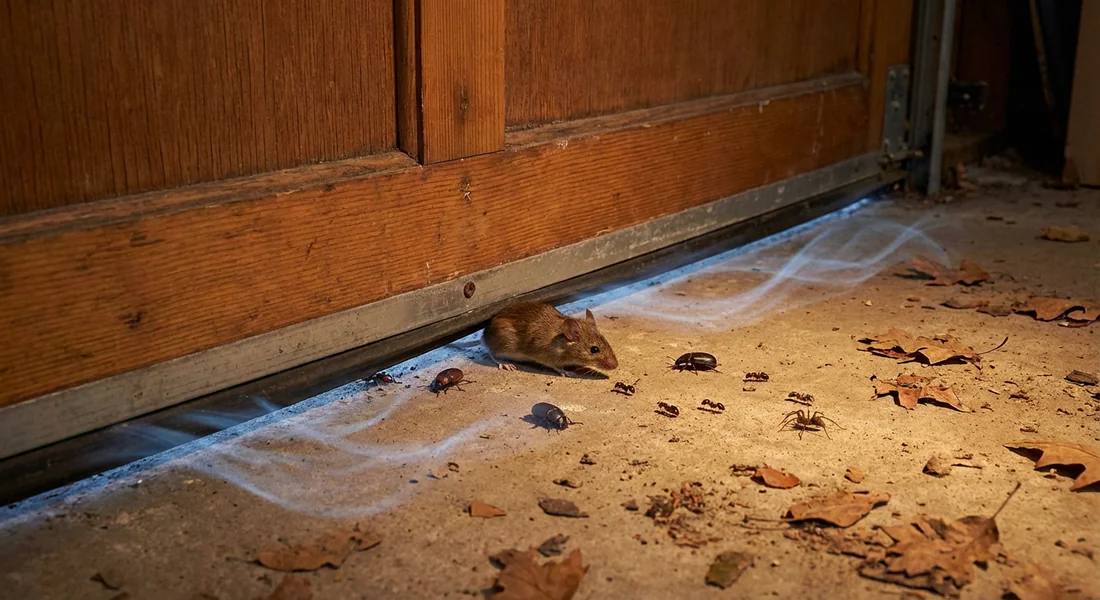 Invasion de nuisibles et courants d'air sous une porte de garage mal isolée.