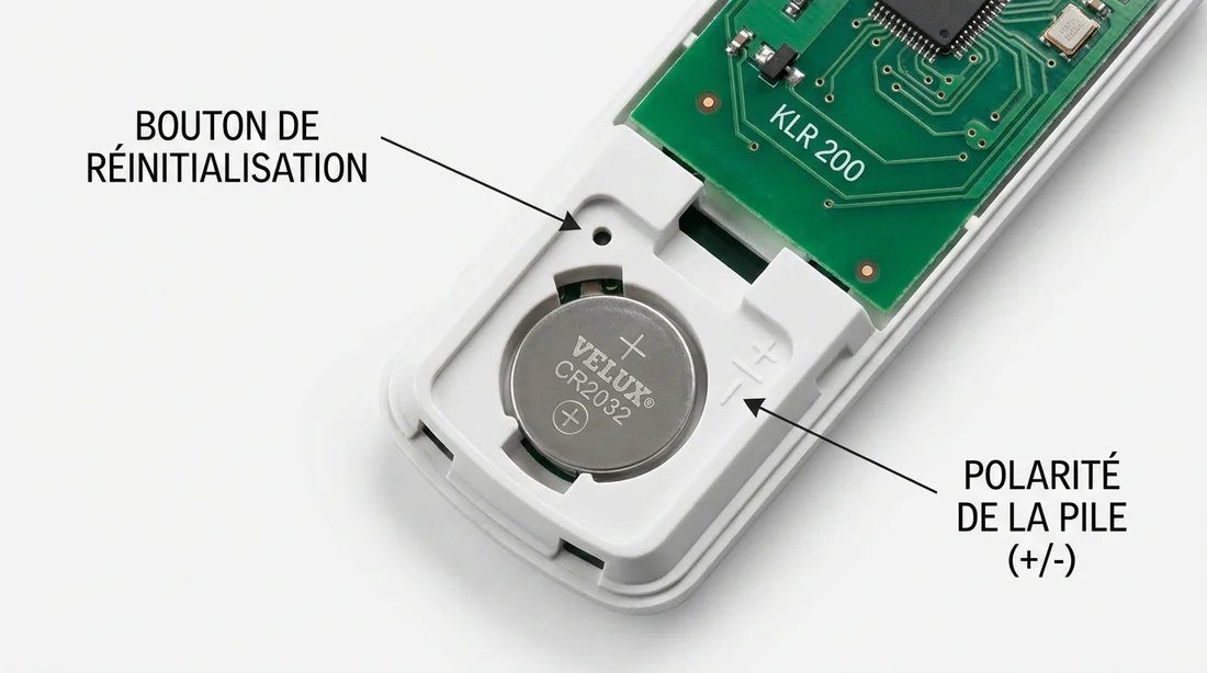Vue arrière de la Velux KLR 200 montrant le bouton reset et le sens des piles.