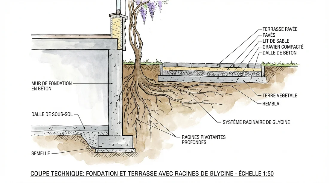 Schéma technique des racines de glycine s'étendant sous une terrasse et des fondations.