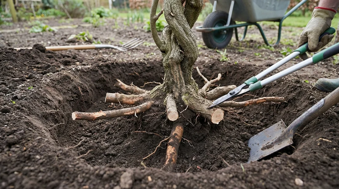 Extraction manuelle d'une glycine montrant la tranchée et la coupe des racines.