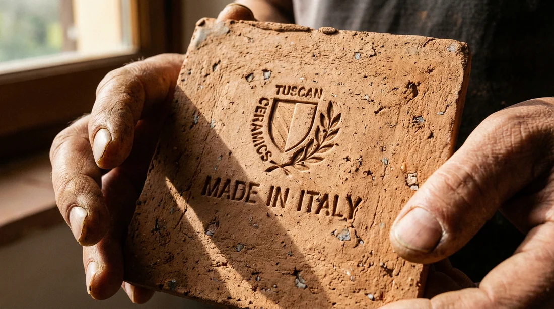 Gros plan sur le dos d'un carreau montrant le poinçon du fabricant et le pays d'origine.