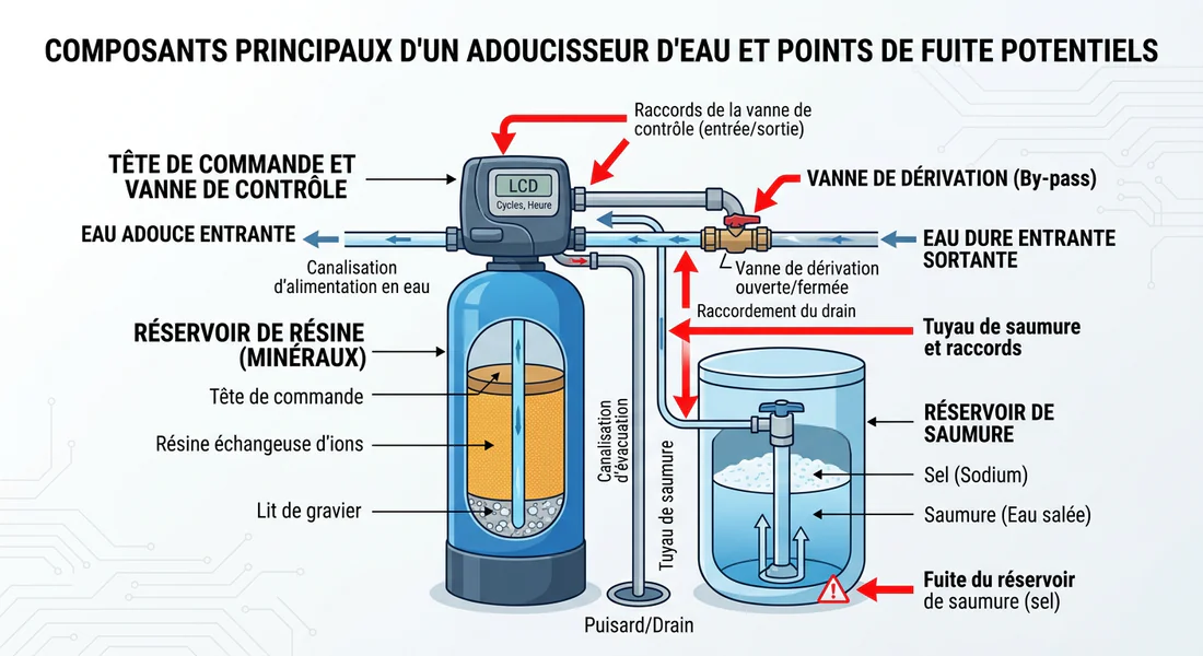 Schéma technique des points de fuite potentiels d'un adoucisseur