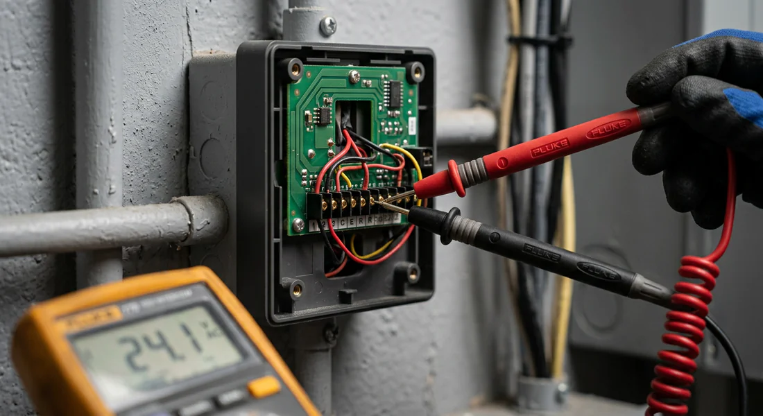 Test de tension électrique sur un interphone Aiphone avec multimètre