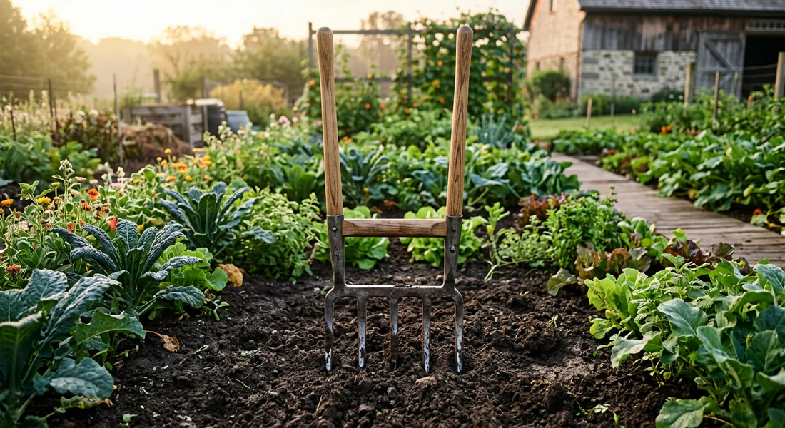 Utilisation d'une grelinette pour aérer le sol sans le retourner.