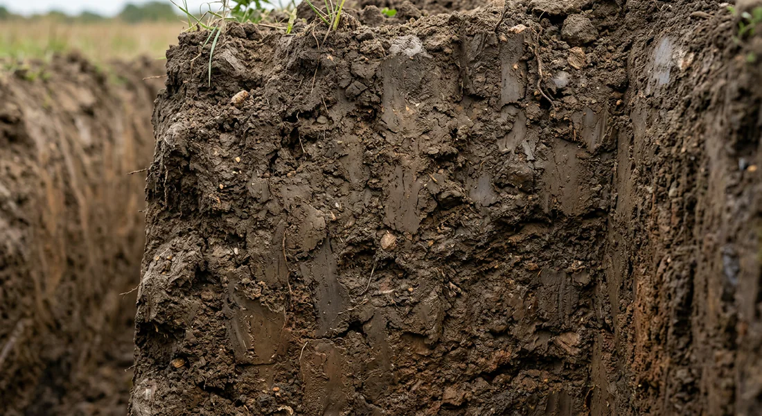 Vue en coupe d'une terre argileuse compacte et lourde.