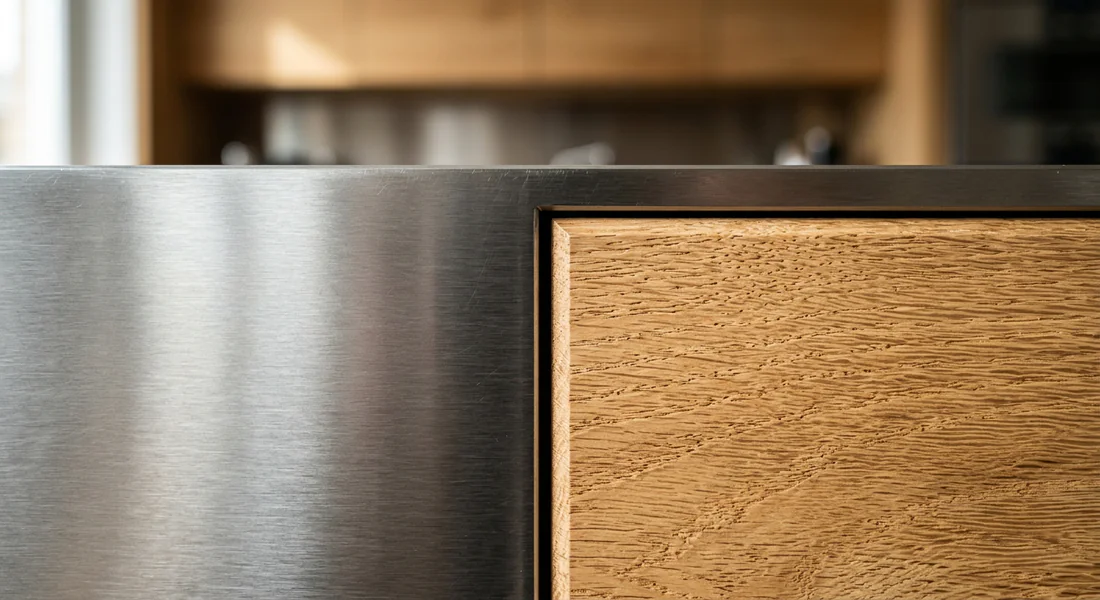 Détail des finitions en inox et bois de la cuisine Bulthaup b3.