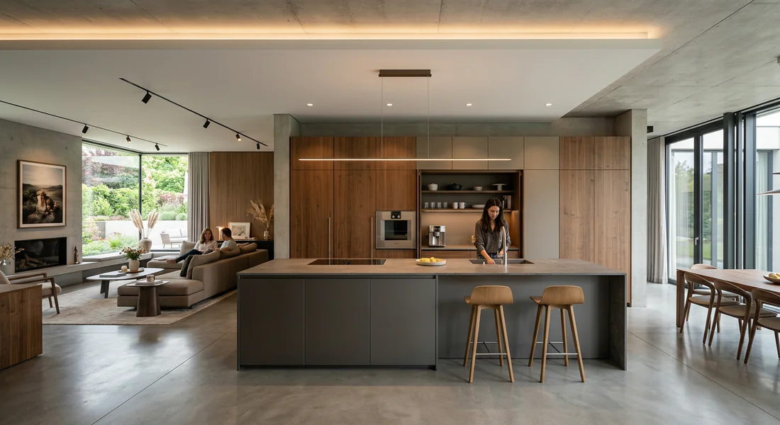 Intégration d'une cuisine Bulthaup b3 dans un espace de vie moderne.