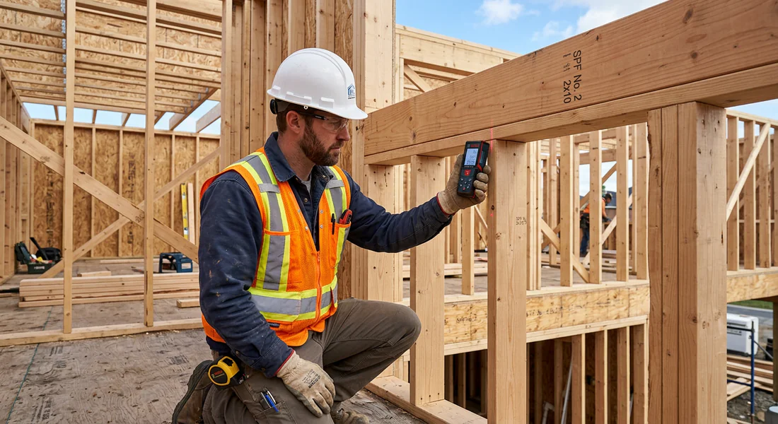 Expert en bâtiment vérifiant la conformité d'une nouvelle poutre porteuse.