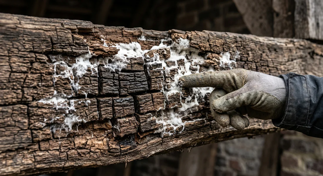 Gros plan sur une poutre attaquée par la pourriture cubique et l'humidité.