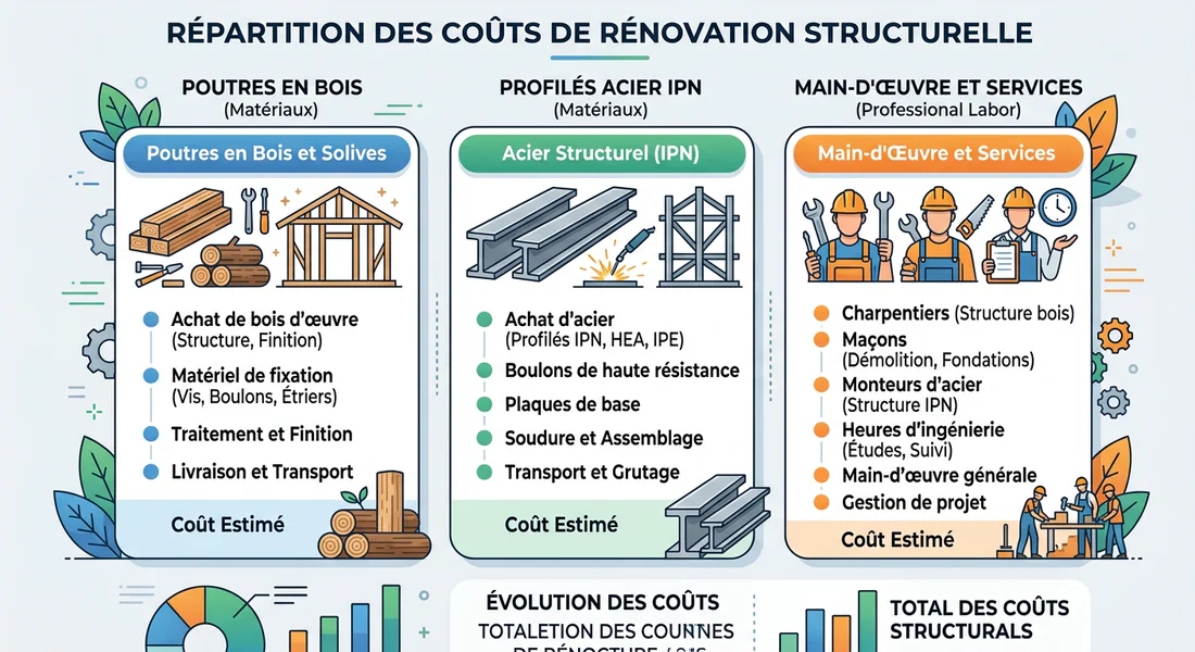 Infographie des coûts moyens pour le remplacement de poutres en 2026.