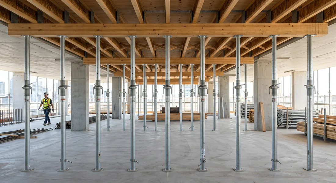 Installation d'étais métalliques pour sécuriser la structure avant travaux.