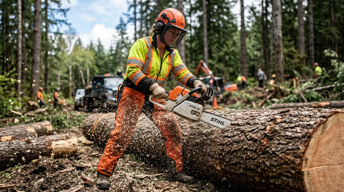Utilisation d'une tronçonneuse Stihl 038 AV en pleine action en forêt