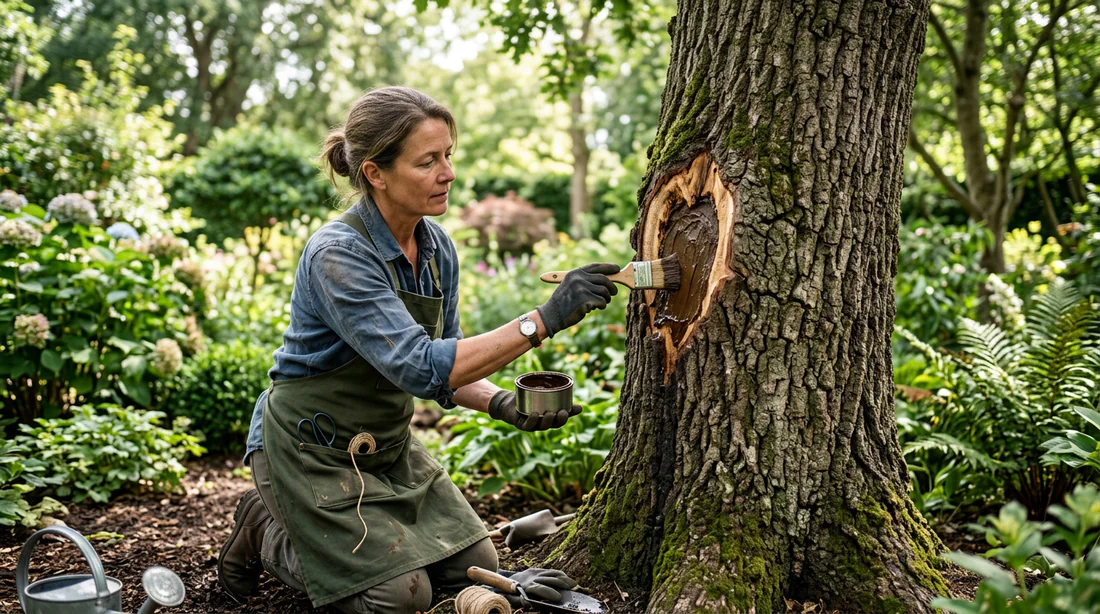 Illustration montrant le soin d'une blessure sur un tronc d'arbre