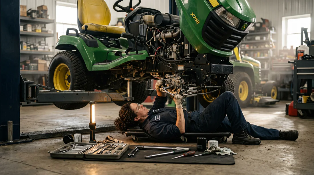 Vue détaillée de l'intervention technique sous un plateau de coupe
